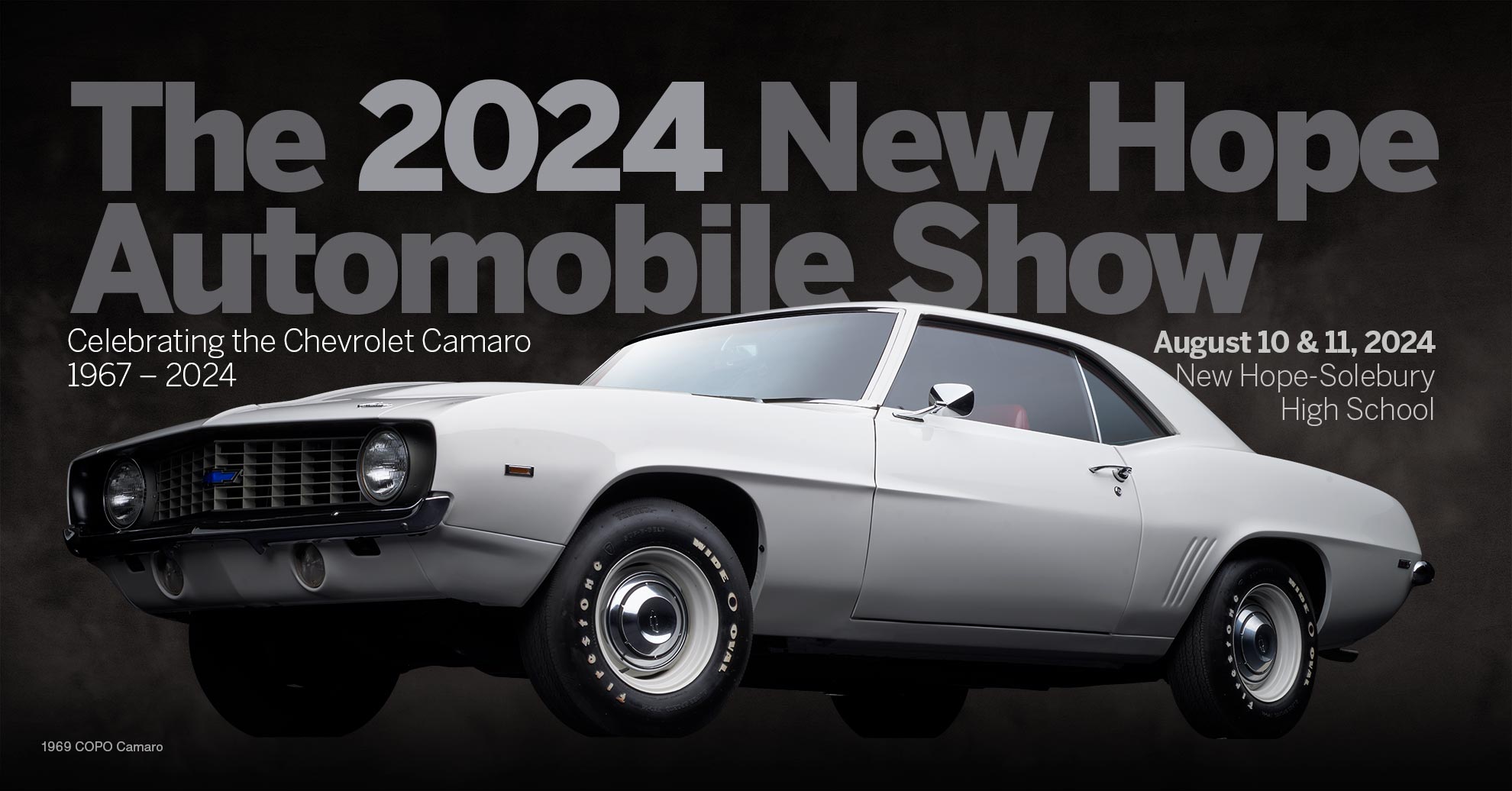 The 2024 New Hope Automobile Show poster featuring a 1969 COPO Camaro